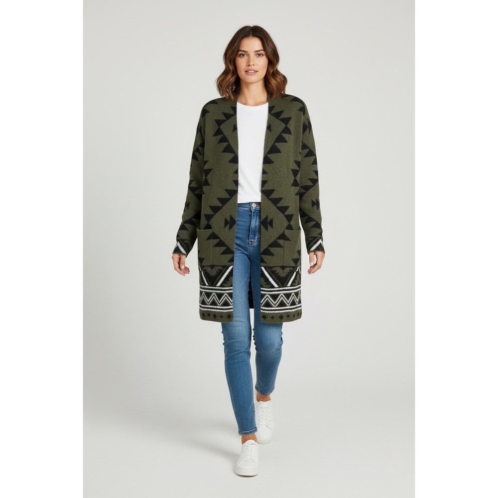 Frye Cozy Aztec Jacquard Open Front‎ Cardigan Women S Olive Green Southwestern